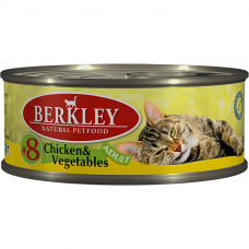 Консервы для взрослых кошек BERKLEY ADULT №8 беззерновые с цыпленком и овощами