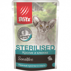 Влажный корм для стерилизованных кошек BLITZ SENSITIVE КРОЛИК И КЛЮКВА кусочки в соусе пауч 85г