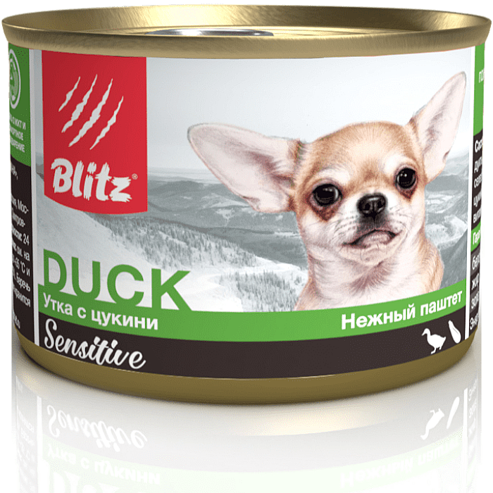 Консервы для собак мини пород BLITZ SENSITIVE беззерновые с уткой и цукини 200г