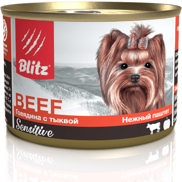 Консервы для собак мини пород BLITZ SENSITIVE беззерновые с говядиной и тыквой 200г