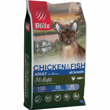 Сухой корм для взрослых кошек BLITZ HOLISTIC  низкозерновой с курицей и рыбой 33/15