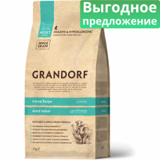 Сухой корм для взрослых кошек GRANDORF INDOOR 4 ВИДА МЯСА низкозерновой с пробиотиками 32/14
