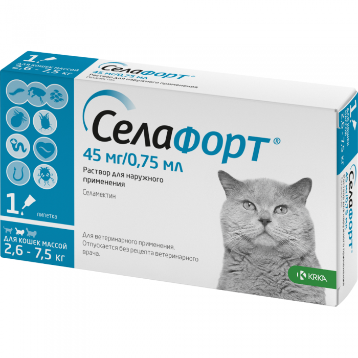 СЕЛАФОРТ капли от внешних и внутренних паразитов для кошек 2.6-7.5 кг 1 пипетка